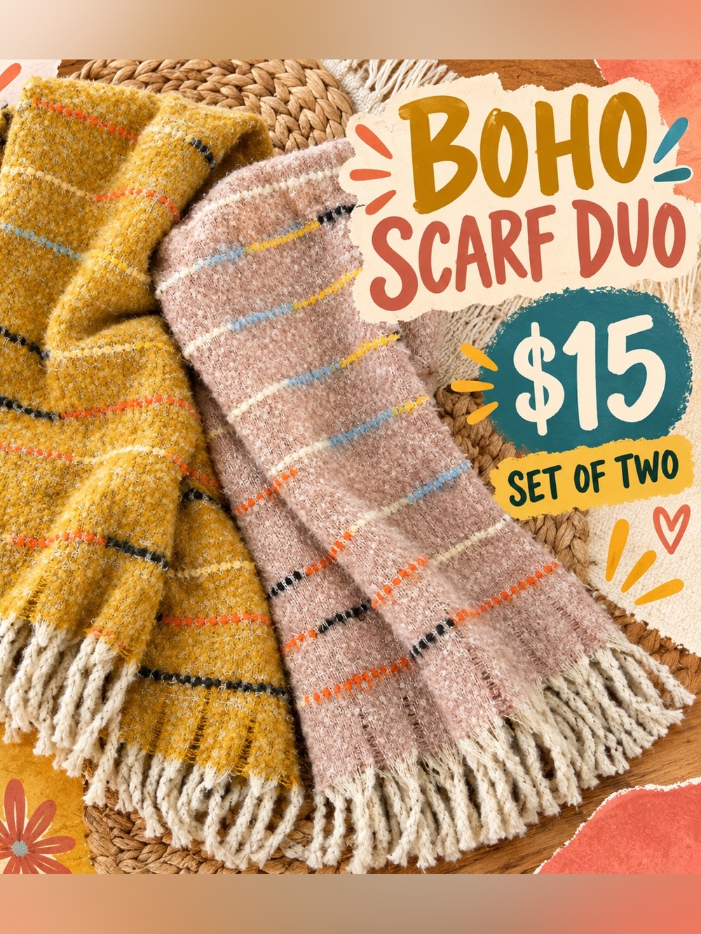 Mustard & Blush Boho Scarf Bundle Set of 2 Fringe Wraps- sparkly boho vibes